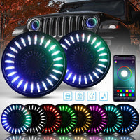 7 Inch 3D Black RGB-W Halo LED Headlights For Jeep Wrangler TJ JK JKU LJ