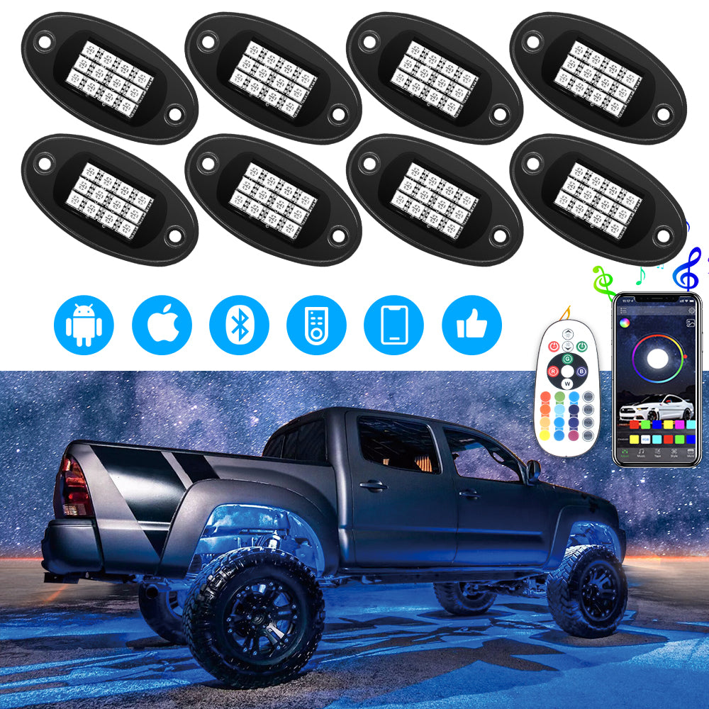 8Pcs RGB LED Rock Light Multicolor Neon LED Light Kit with Bluetooth Wireless Remote Control