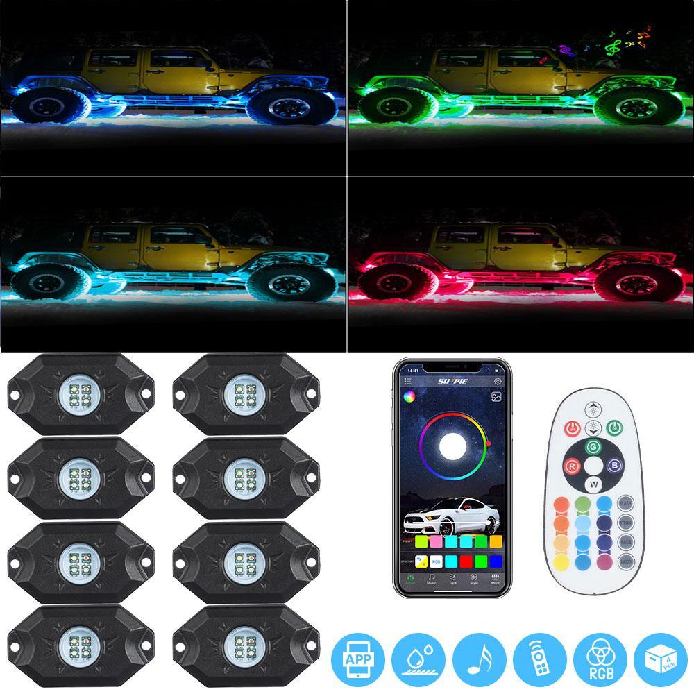 RGB-W 8 Pods LED Rock Lights With Mobile Bluetooth APP/Remote Control