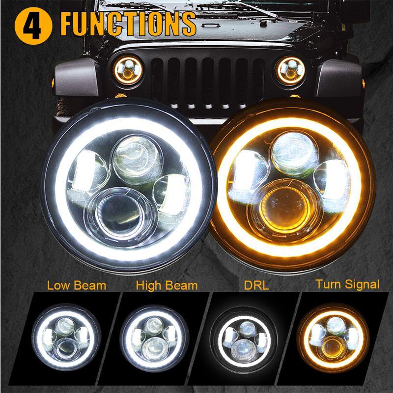 7" Round White/Yellow Halo Headlights 80W With DRL and Turn Signal Lights for Jeep Wrangler JK