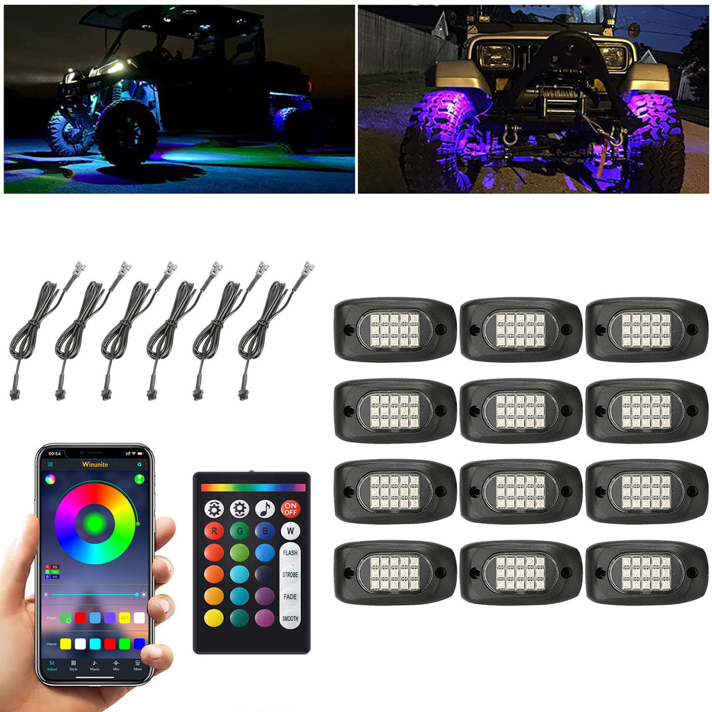 Winunite 12 Pods RGB LED Rock Lights APP/Remote Control Neon LED Light Kit for Off Road Trucks SUV Car ATV UTV