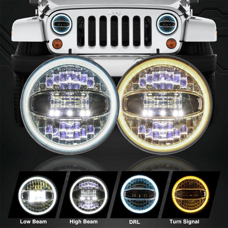7" New 5D White/Yellow Halo LED Headlights For Jeep Wrangler JK With Amber Turn Signal