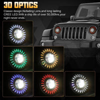 7 Inch 3D Black RGB-W Halo LED Headlights For Jeep Wrangler TJ JK JKU LJ