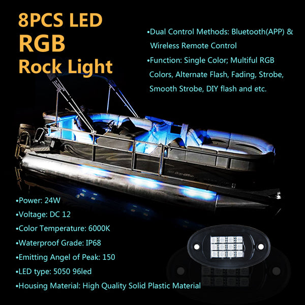 8Pcs RGB LED Rock Light Multicolor Neon LED Light Kit with Bluetooth W ...