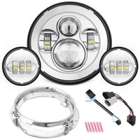 7" LED Headlight With 4.5" Fog Passing Lights & Bracket Mounting Ring Combo Kits for Harley Davidson