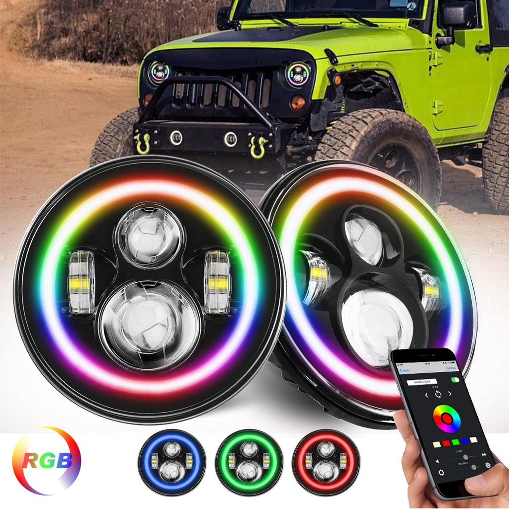 7 inch Halo Rotating RGB LED Headlights for Jeep Wrangler TJ LJ JK JKU 1996-2018