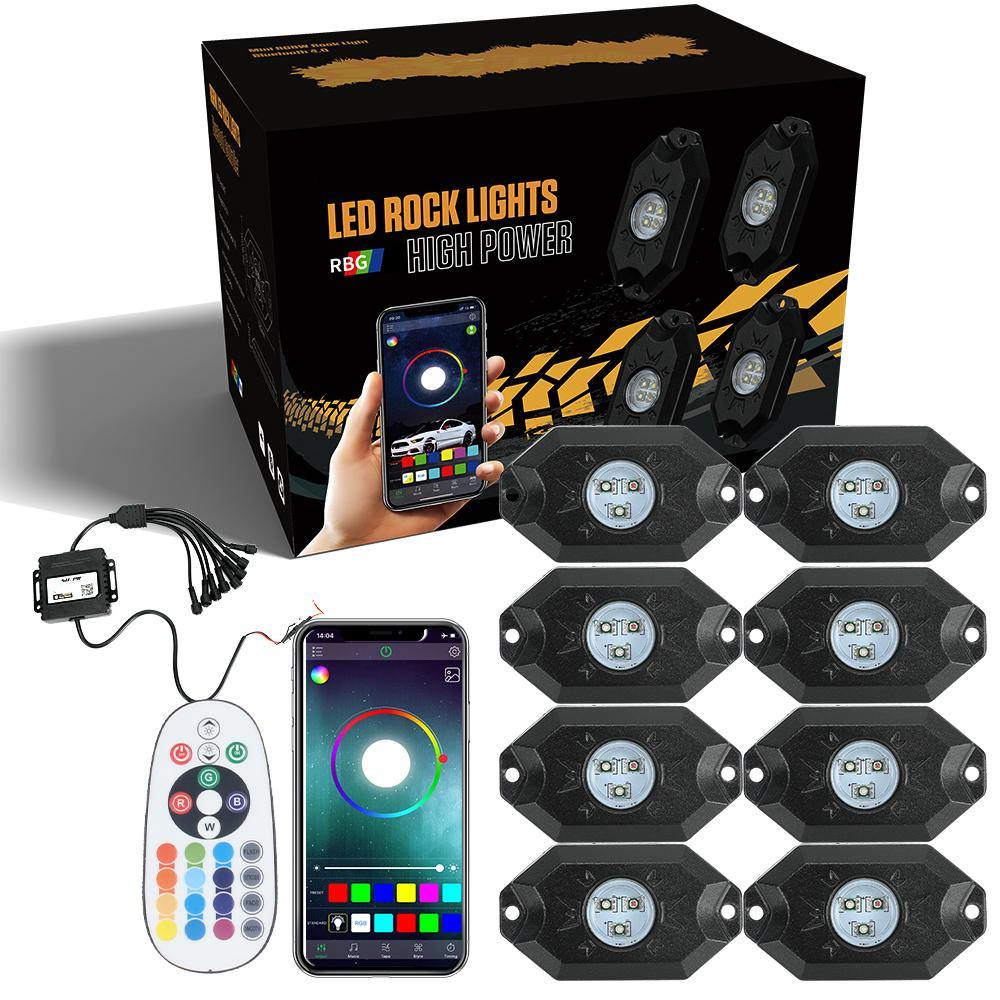 RGB-W 8 Pods LED Rock Lights for Truck Off Road Jeep SUV RZR UTV Motorcycle (Extra Switch Wire Included)